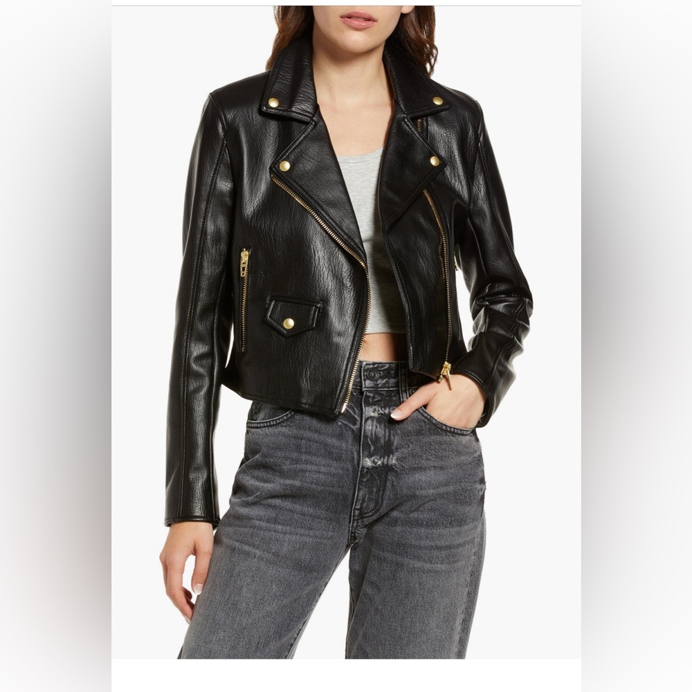 Blank NYC Black faux Leather Jacket with Gold Accents